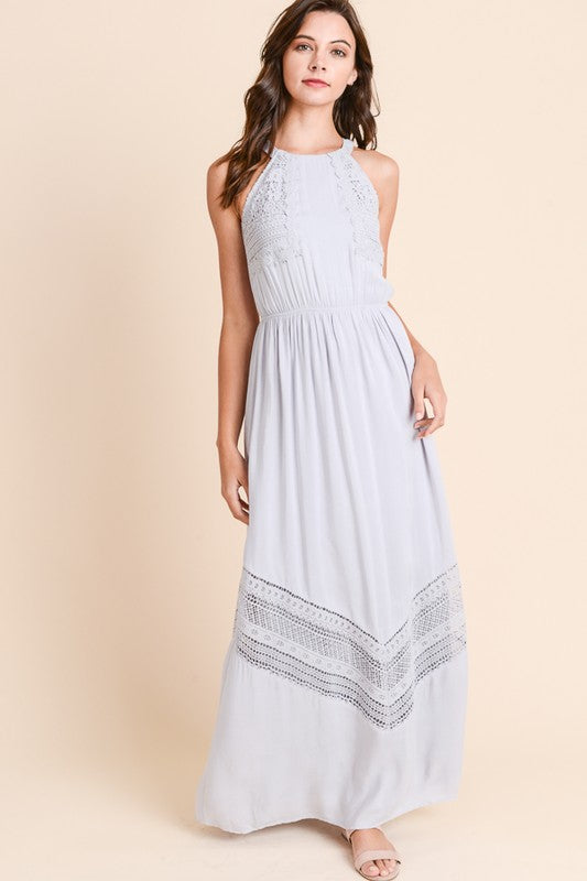 Long Maxi Dress with Crochet Trim L / LT Grey Long Maxi Dress with Crochet Trim L / LT Grey