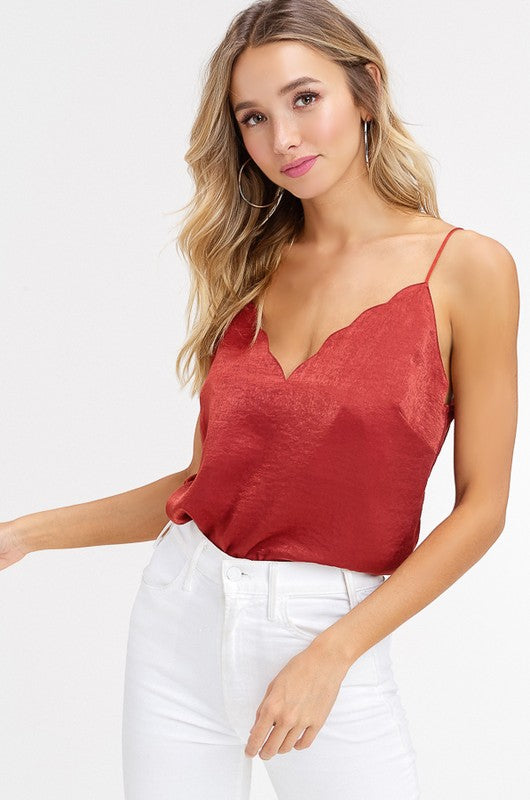 Scallop V-Neck Camisole Top - Maple Red - FrouFrou Couture