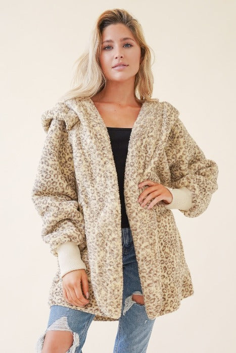 Faux fur plush hooded jackets with pockets - Snow Leopard