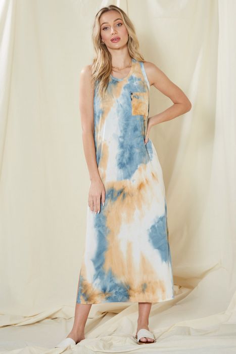 Tie Dye Rib Blue Maxi Tank Dress L Tie Dye Rib Blue Maxi Tank Dress L
