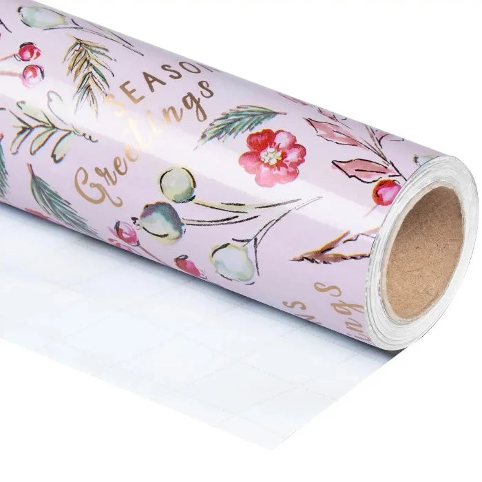 Christmas Wrapping Paper Roll - Foil - Pink Floral