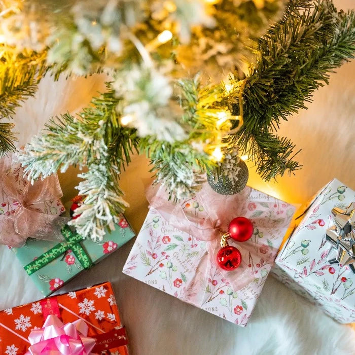 Christmas Wrapping Paper Roll - Foil - Pink Floral