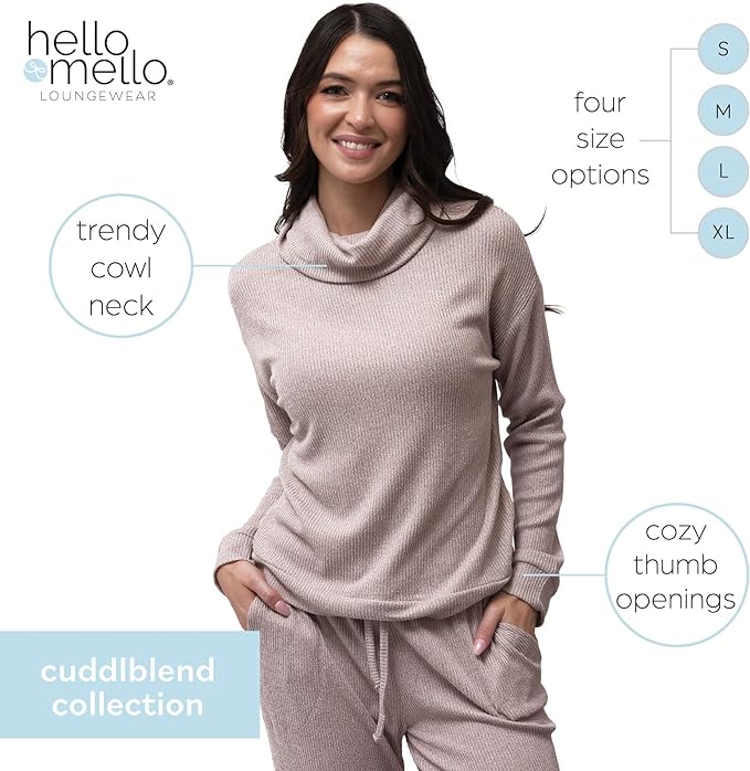 Hello Mello CuddleBlend Women’s Lounge Comfortable Pajama Long Sleeve Top with Cowl Neck and Thumbholes