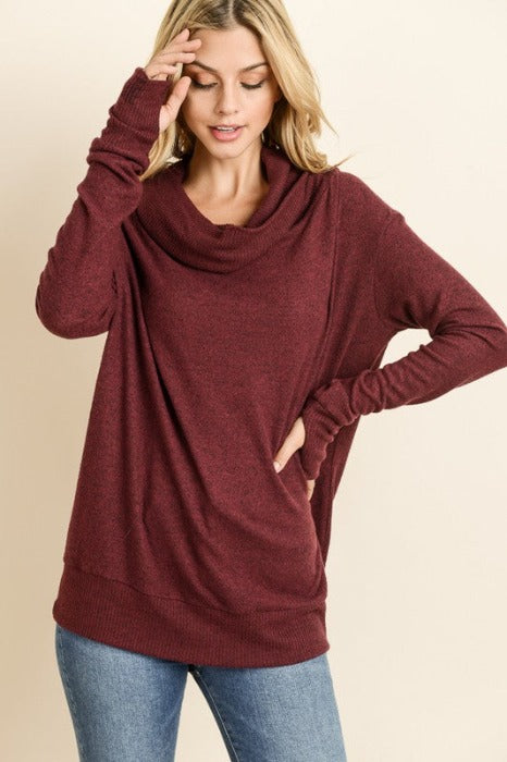 Thumb Hole Loose Jersey Cowl Hoodie Top - Assorted colors