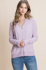 Lavender Tiger brushed zip up hoodie jacket with pockets and thumb holes.