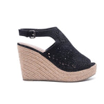 Black espadrille platform peep toe wedge sandals with laser-cut outs.  ATLANTA