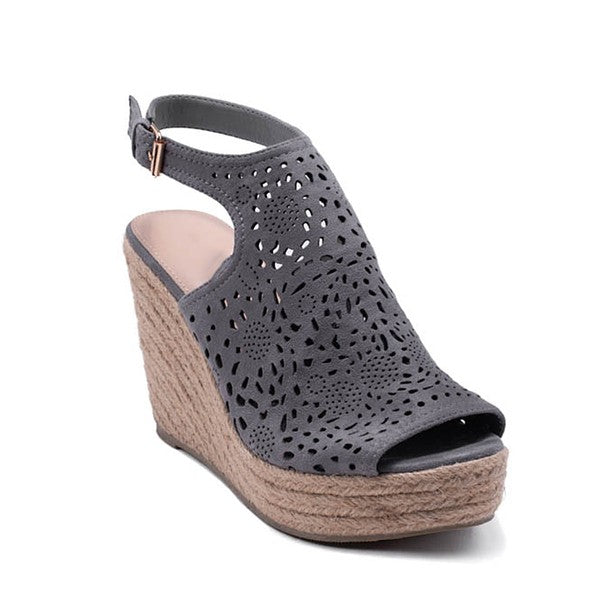 Grey espadrille platform peep toe wedge sandals with laser-cut outs.  ATLANTA