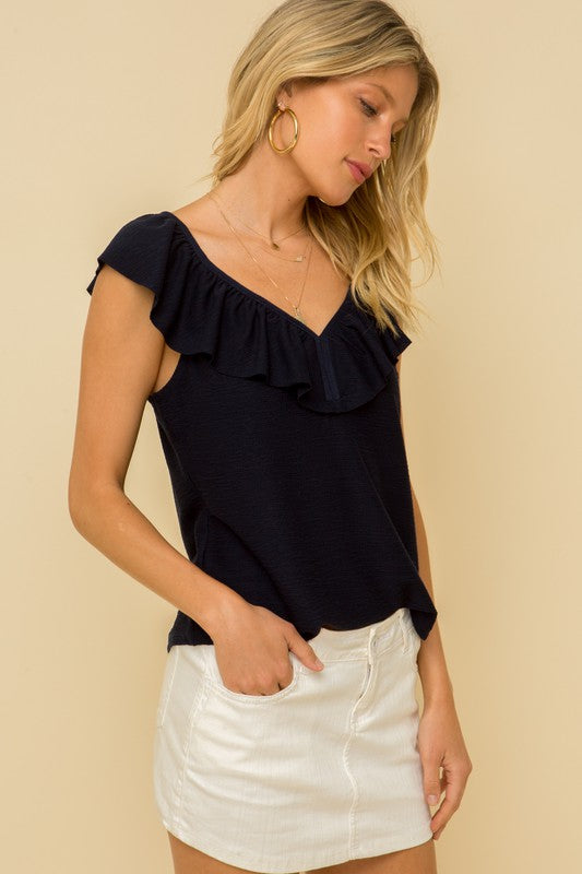 Navy Ruffle Knit Tie Back Tank - FrouFrou Couture