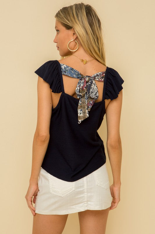 Navy Ruffle Knit Tie Back Tank - FrouFrou Couture