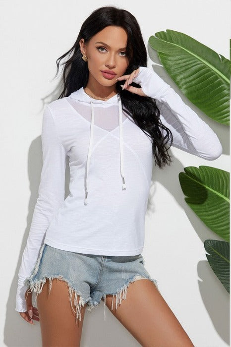 Hooded Thumbhole Top with Mesh V-Neck