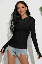 Hooded Thumbhole Top with Mesh V-Neck