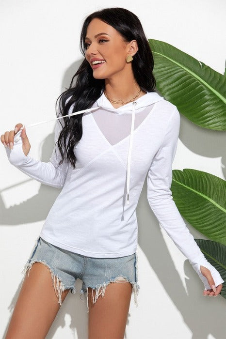 Hooded Thumbhole Top with Mesh V-Neck