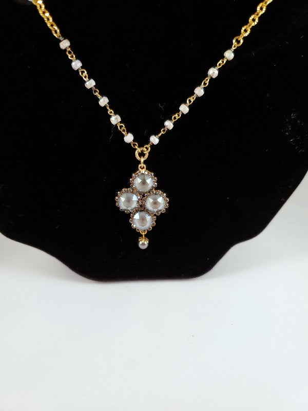 Catherine Popesco Diamond Shape Crystal Flower Necklace with Semi Precious Beads - FrouFrou Couture