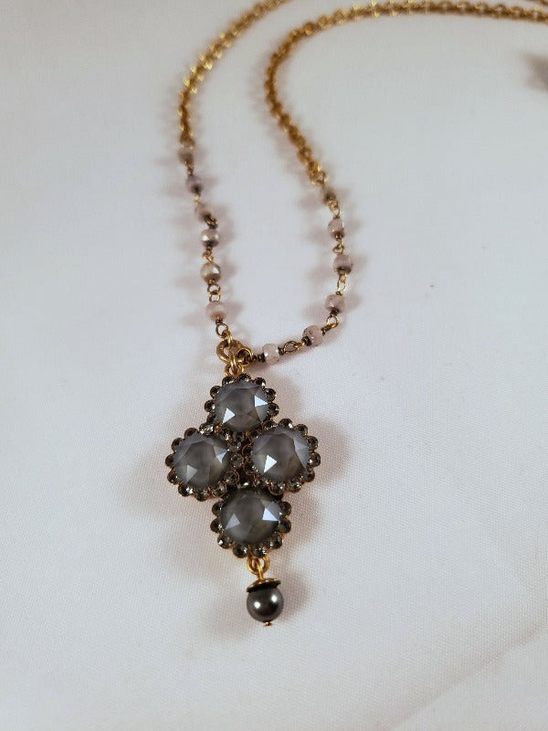 Catherine Popesco Diamond Shape Crystal Flower Necklace with Semi Precious Beads - FrouFrou Couture