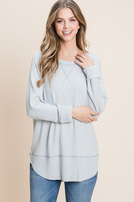 Sky Blue Tiger Brush boat neck top with cuffed sleeves and contrasting hem and stitch detail, relaxed fit tunic style.