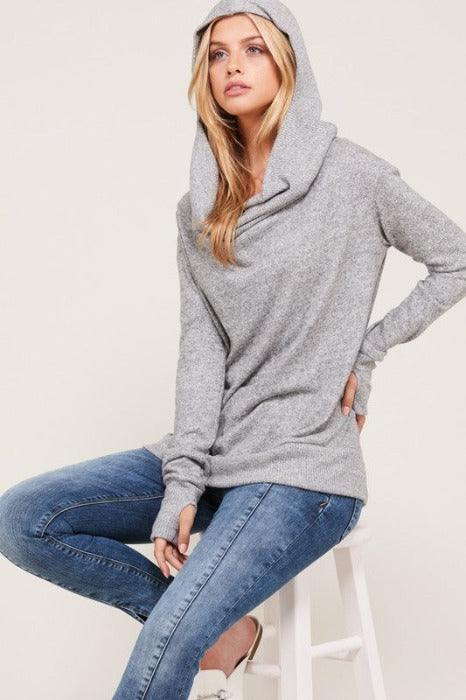 Thumb Hole Hoodie Top- Heather Grey - FrouFrou Couture