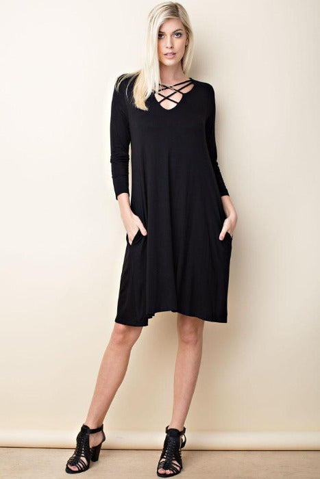Solid knit 3/4 sleeve trapeze dress - FrouFrou Couture