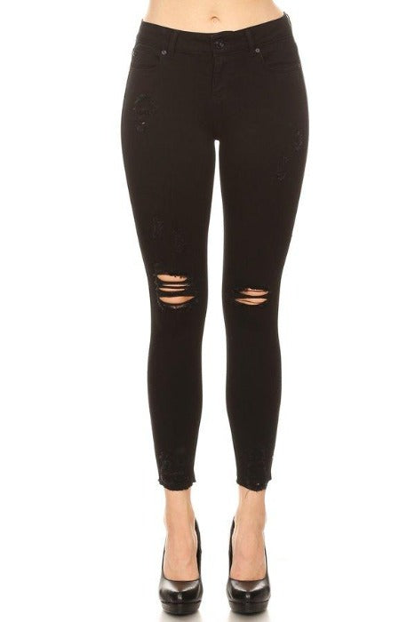 Distressed Black Mid Rise Skinny Jeans with Chewed Hems. - FrouFrou Couture