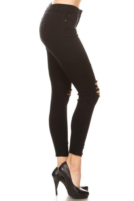 Distressed Black Mid Rise Skinny Jeans with Chewed Hems. - FrouFrou Couture