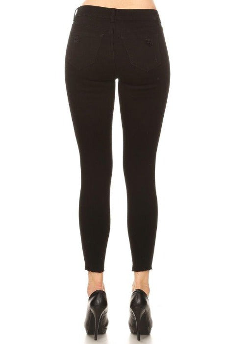 Distressed Black Mid Rise Skinny Jeans with Chewed Hems. - FrouFrou Couture