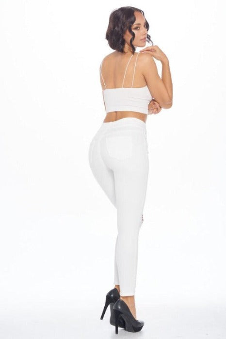 High Rise White Skinny Jeans with Destructions 