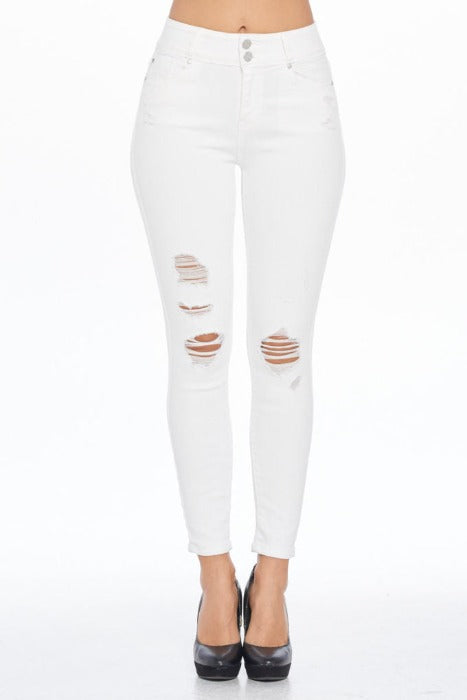 High Rise White Skinny Jeans with Destructions 