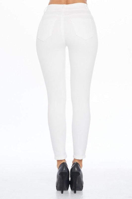 High Rise White Skinny Jeans with Destructions 