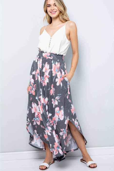 Sweet floral print jersey high waist maxi skirt