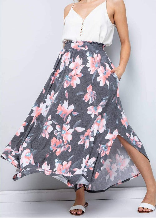 Sweet floral print jersey high waist maxi skirt