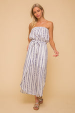 Ivory/navy stripe tube front bottom open jumpsuit 