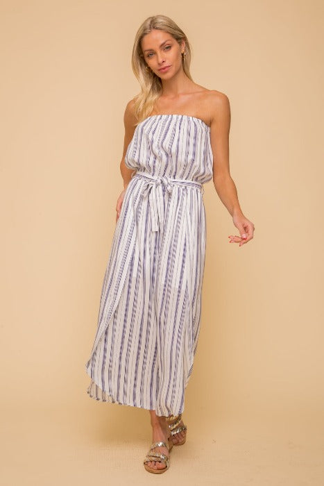 Ivory/navy stripe tube front bottom open jumpsuit 