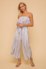 Ivory/navy stripe tube front bottom open jumpsuit 