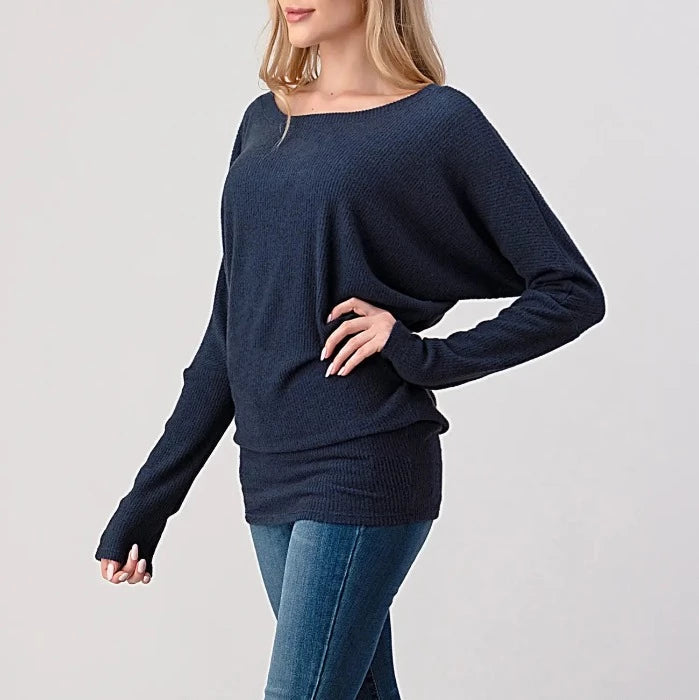 Navy Ribbed Dolman Top - T342