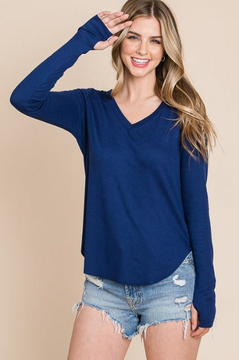 Thumb Hole V Neck Long Sleeves - multiple colors