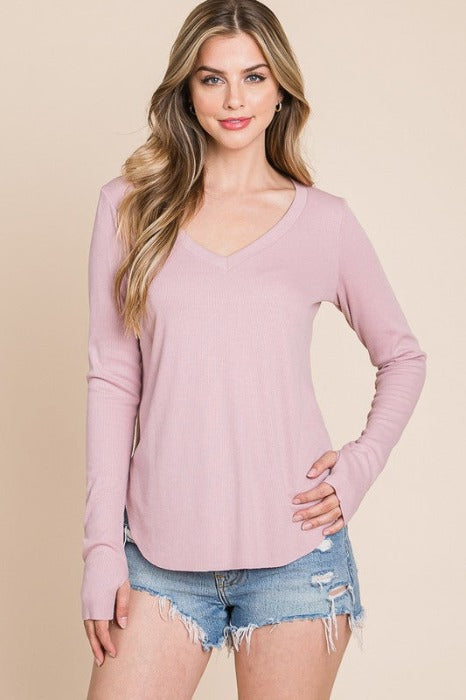 Thumb Hole V Neck Long Sleeves - multiple colors