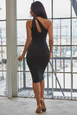 One shoulder twist solid black midi dress