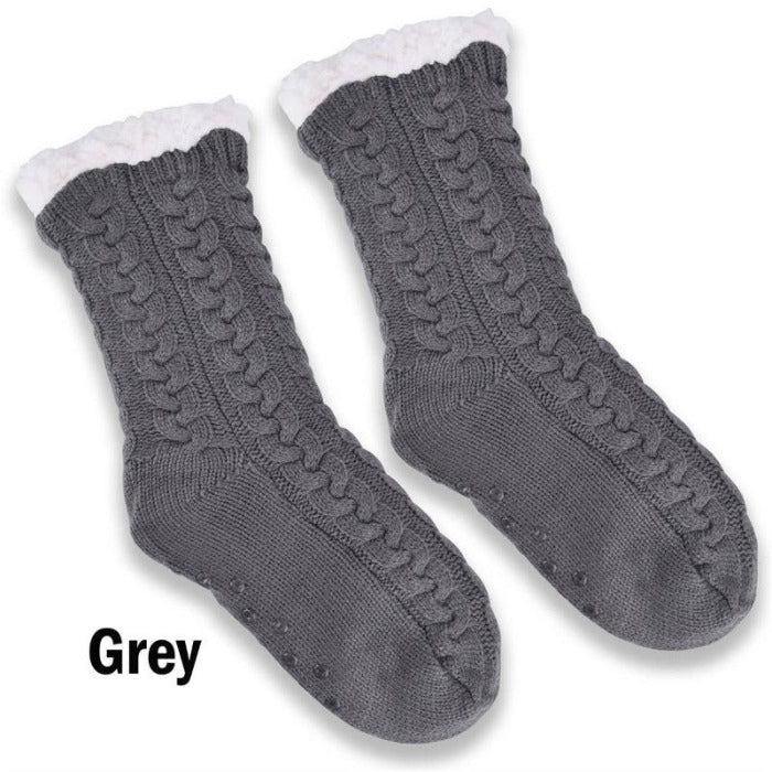 Women's Grey Cat Slipper Socks with Grippers Sherpa Lined New