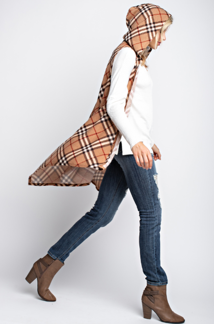 Plaid hacci sleeveless waterfall open cardigan with hoody - FrouFrou Couture