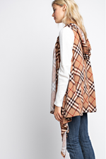 Plaid hacci sleeveless waterfall open cardigan with hoody - FrouFrou Couture