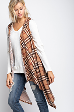 Plaid hacci sleeveless waterfall open cardigan with hoody - FrouFrou Couture