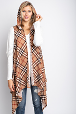 Plaid hacci sleeveless waterfall open cardigan with hoody - FrouFrou Couture