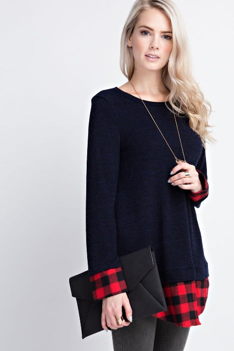 Navy Knit Top with Plaid Layer - FrouFrou Couture