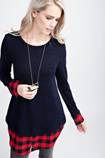 Navy Knit Top with Plaid Layer - FrouFrou Couture