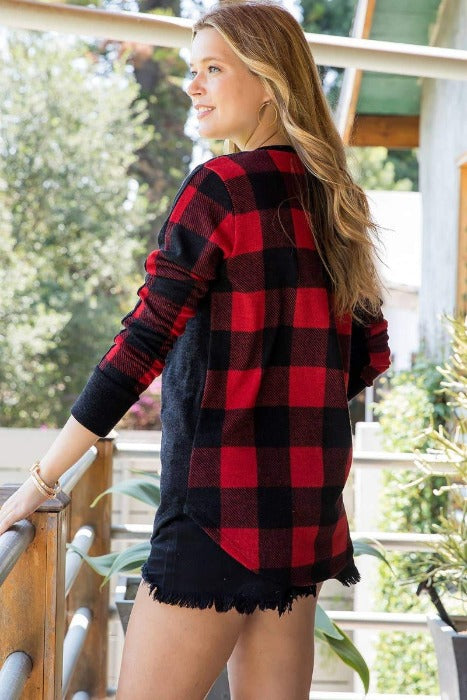 Solid and Plaid Color Block Top